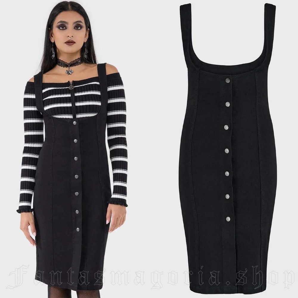 Black Pinafore Button-Front Midi Skirt